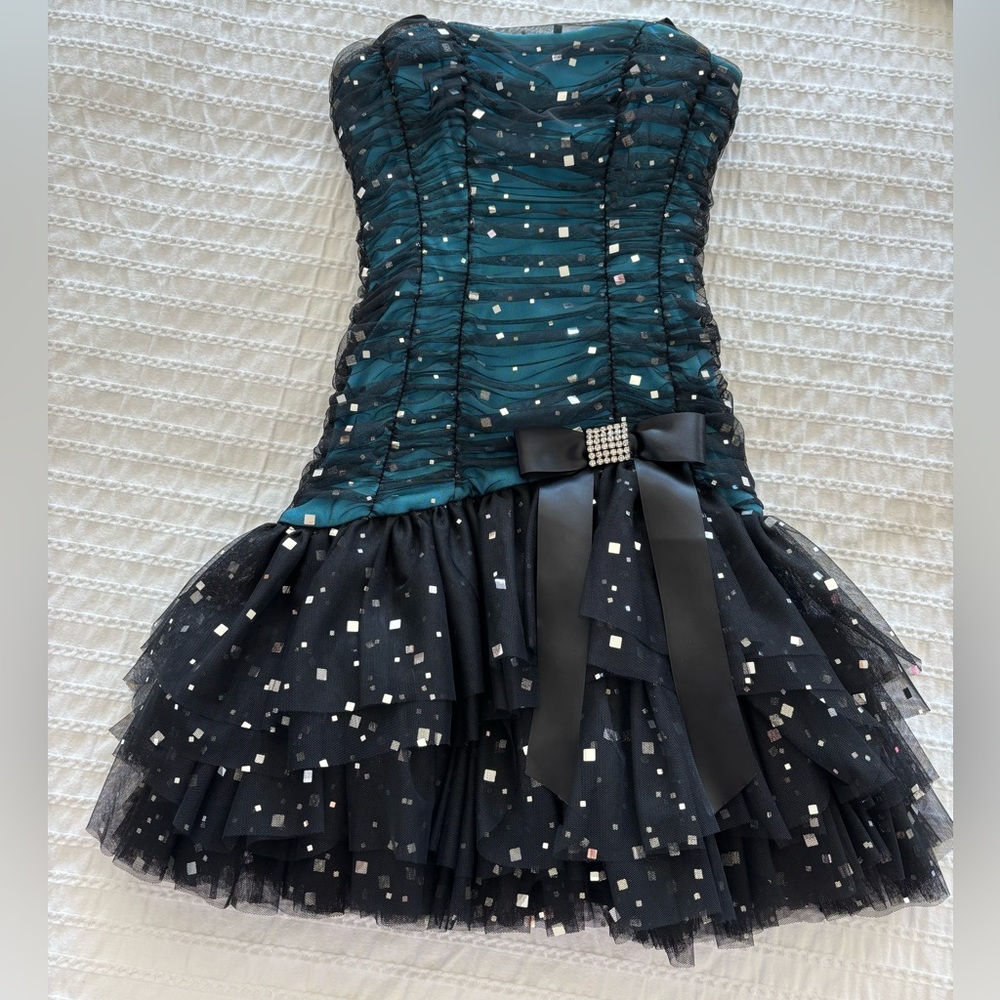 Blondie Nites Teal and Black Strapless Dress with Sequin Details